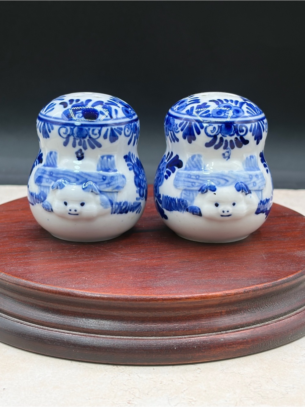 Delft Pig In A Fence Salt & Pepper Shakers Hand Painted Ceramic Relief  Holland